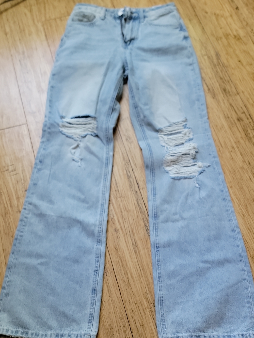 Light Wash Distressed Flared Jeans - Light Blue